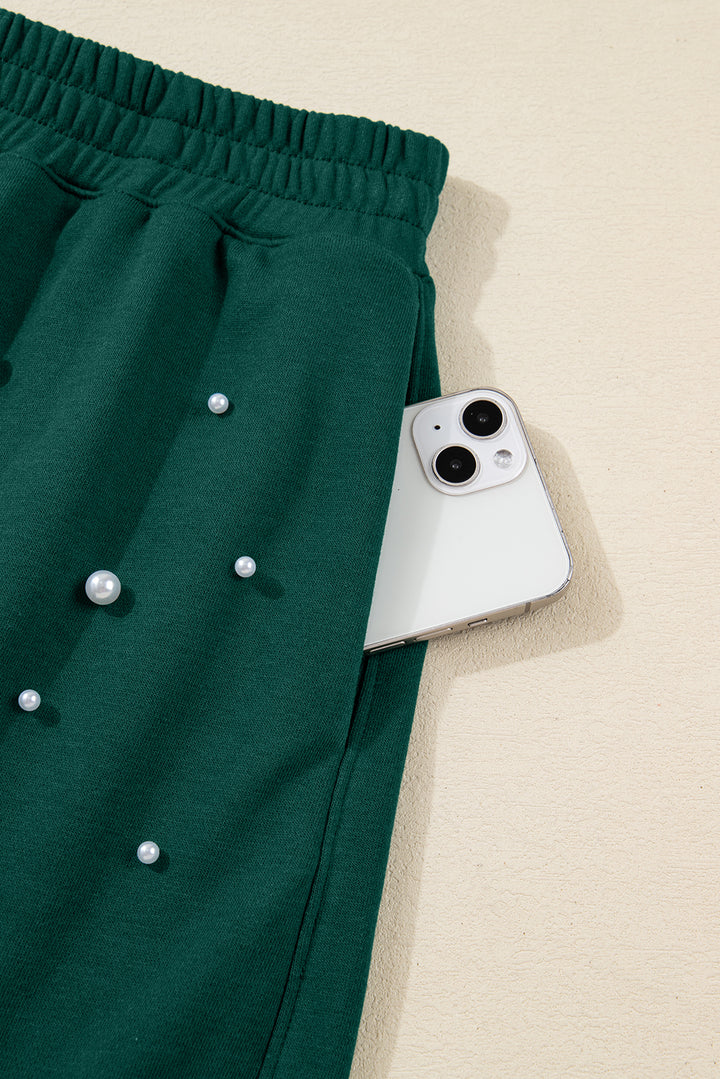 Dark Green Pearl Embellished Pullover Elastic Waist Mini Skirt Set