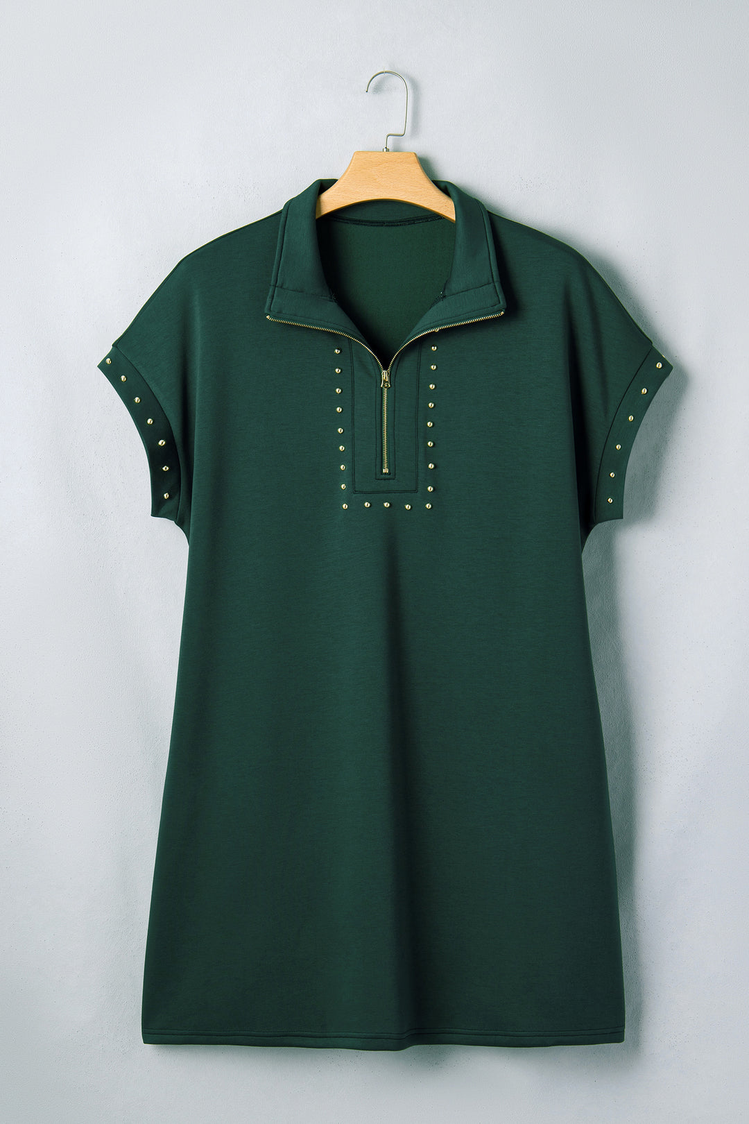 Evergreen Glow Studded Zip up Plus Size T Shirt Dress with Pockets