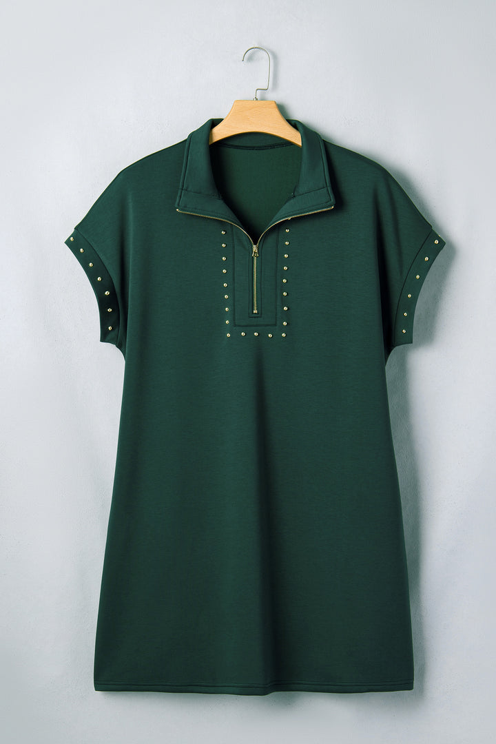 Evergreen Glow Studded Zip up Plus Size T Shirt Dress with Pockets