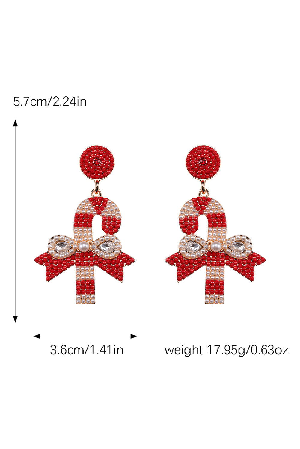Christmas Candy Cane Pearl Beaded Dangle Earrings
