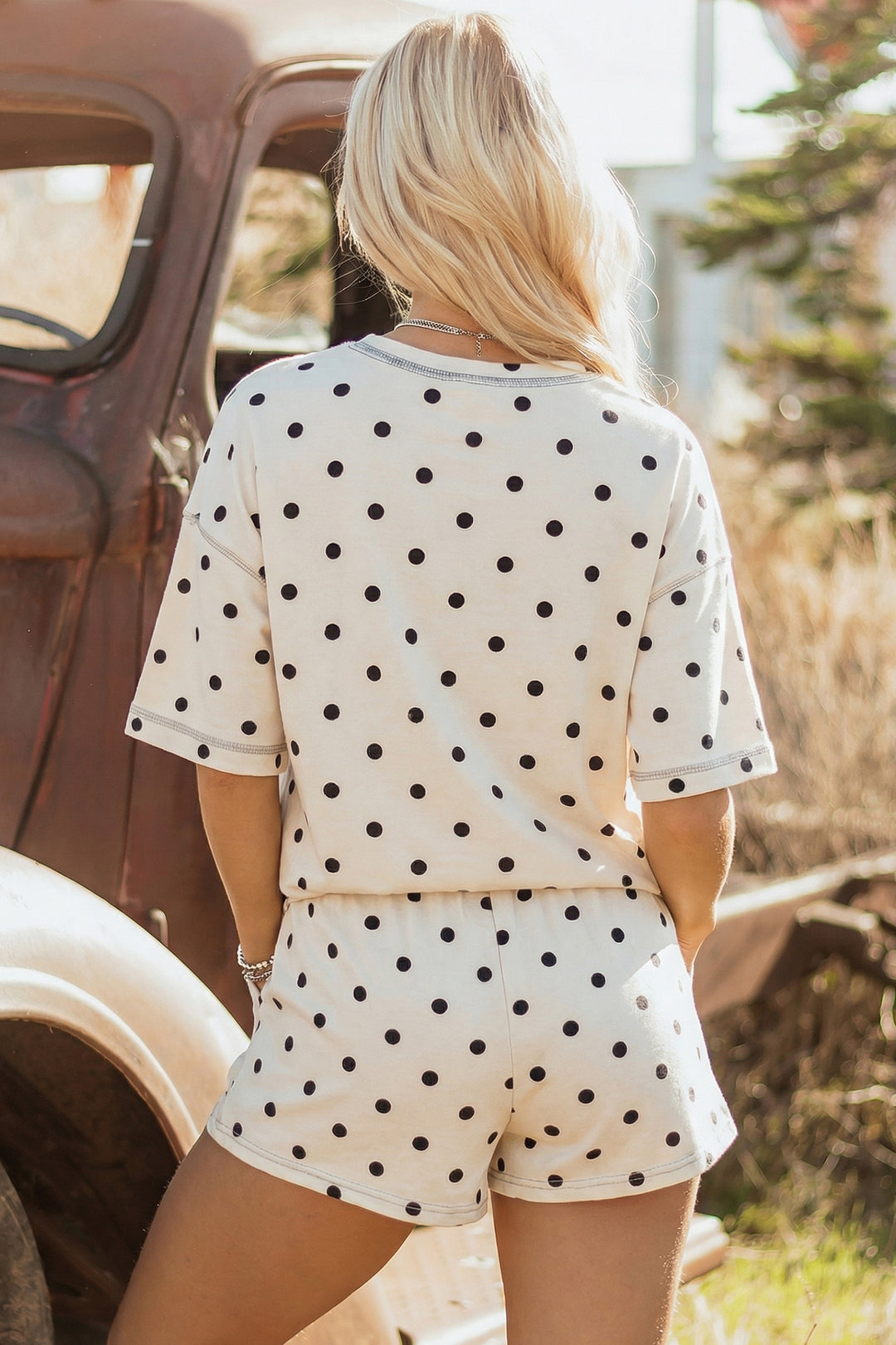 White Polka Dot Short Sleeve Loose Top Drawstring Shorts Set