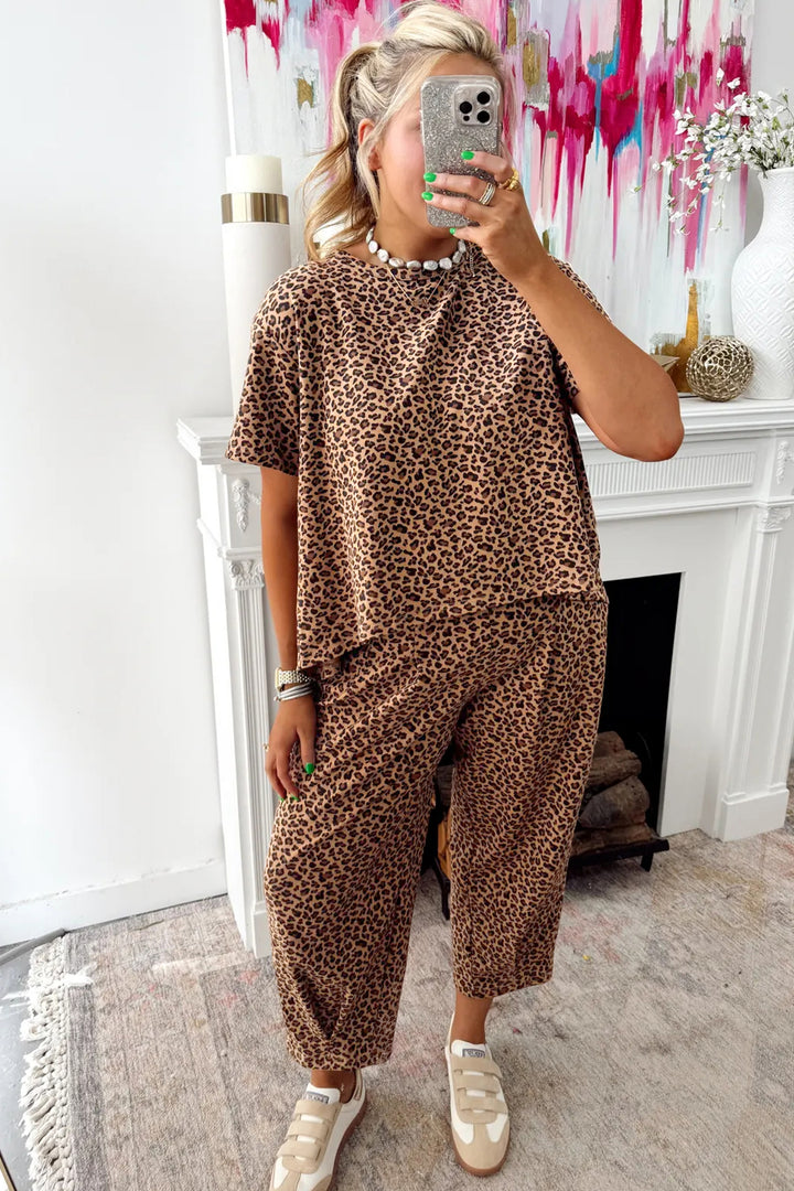 Brown Leopard High-Low Loose Tee Ankle Length Pants Set