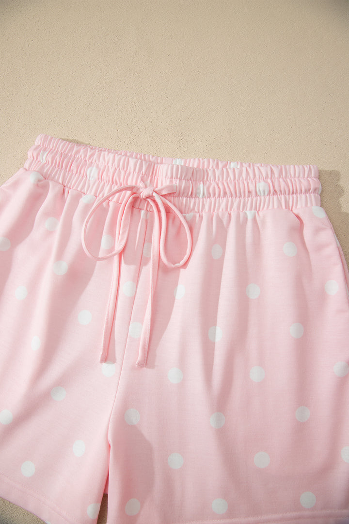 Pink Polka Dot Short Sleeve Loose Top Drawstring Shorts Set