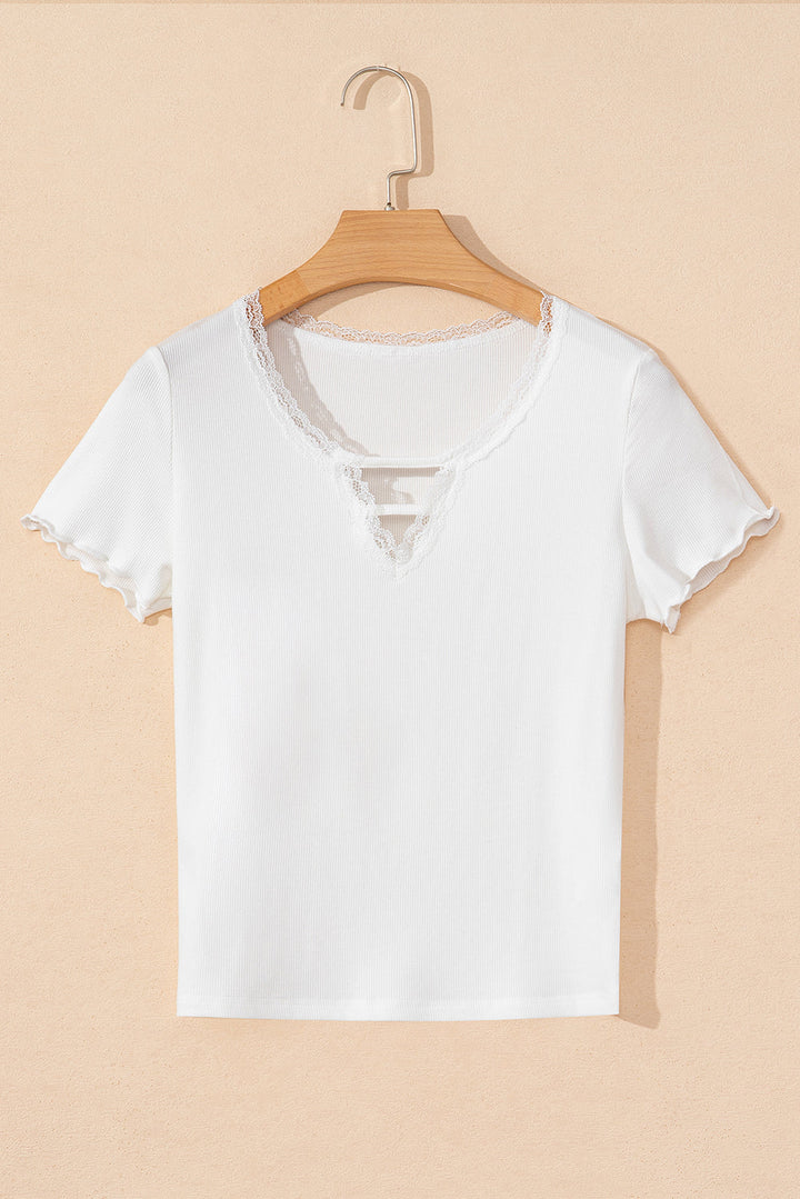 Lace V Neckline Ribbed Slim Fit T Shirt
