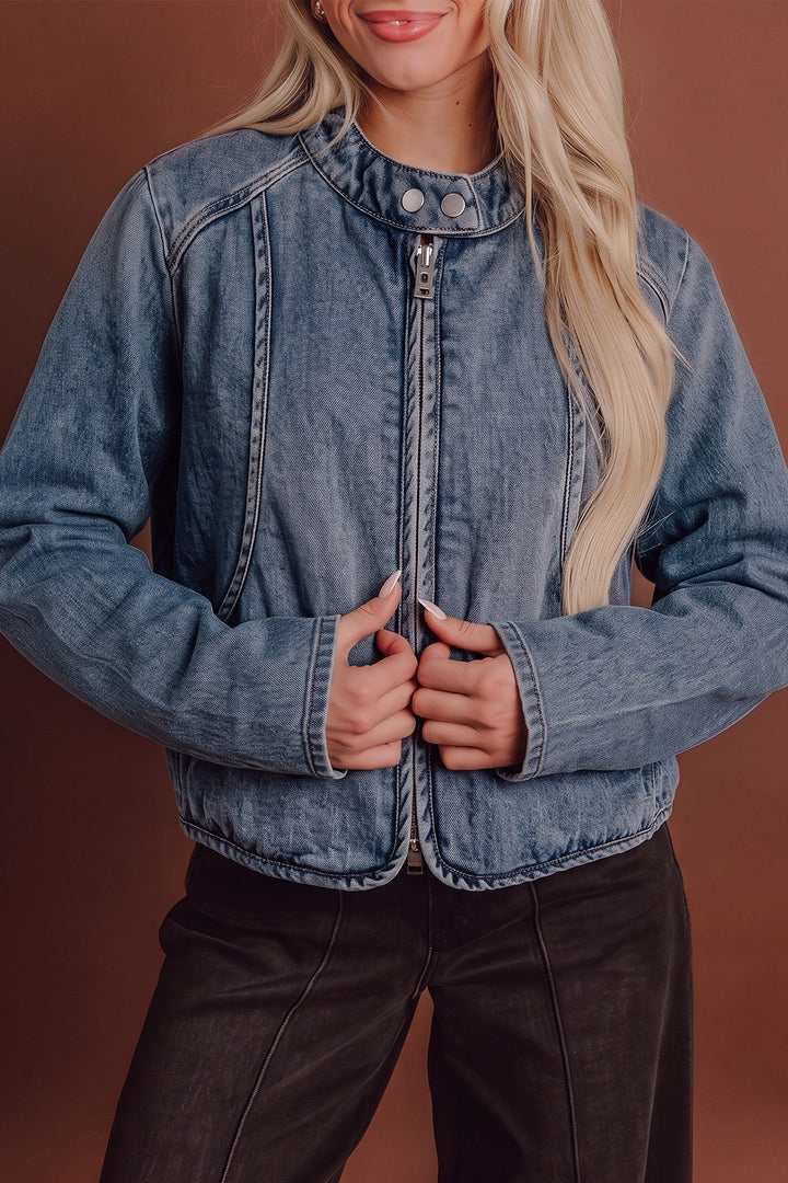Navy Blue Button Collar Zip Up Vintage Washed Denim Jacket