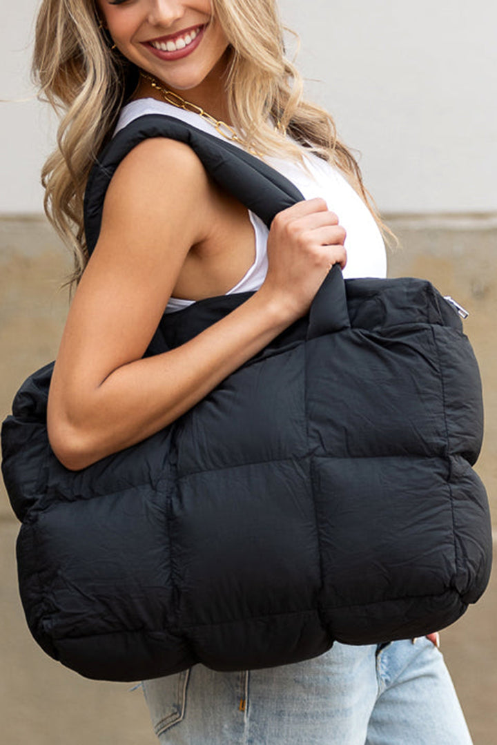 Solid Quilted Puffy Zipped Large Tote Bag