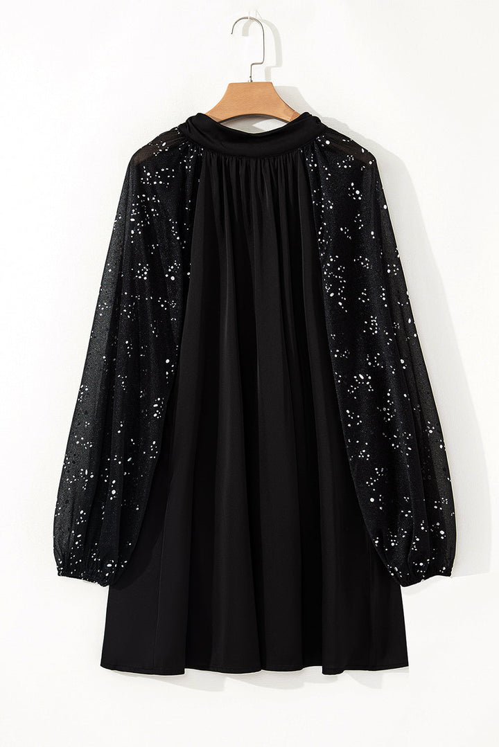 Glittering Mesh Sleeve Mock Neck Mini Dress