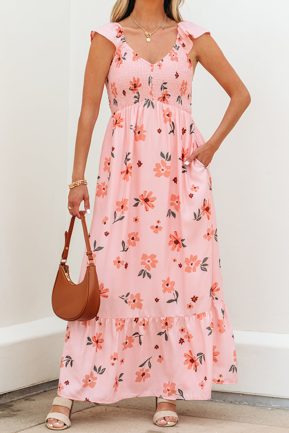 floral v neck smocked high waist ruffle hem long dress