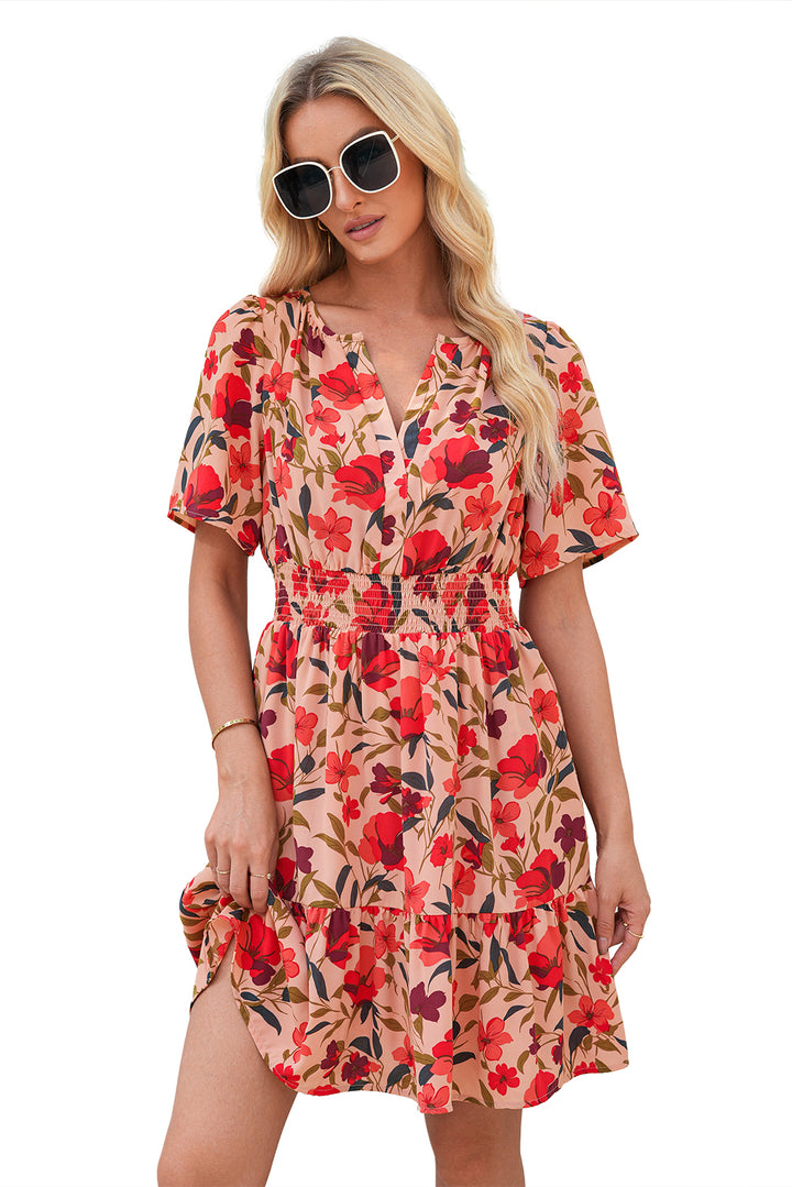 Red Floral Print Wrap V Neck Short Sleeve High Waistband Mini Dress