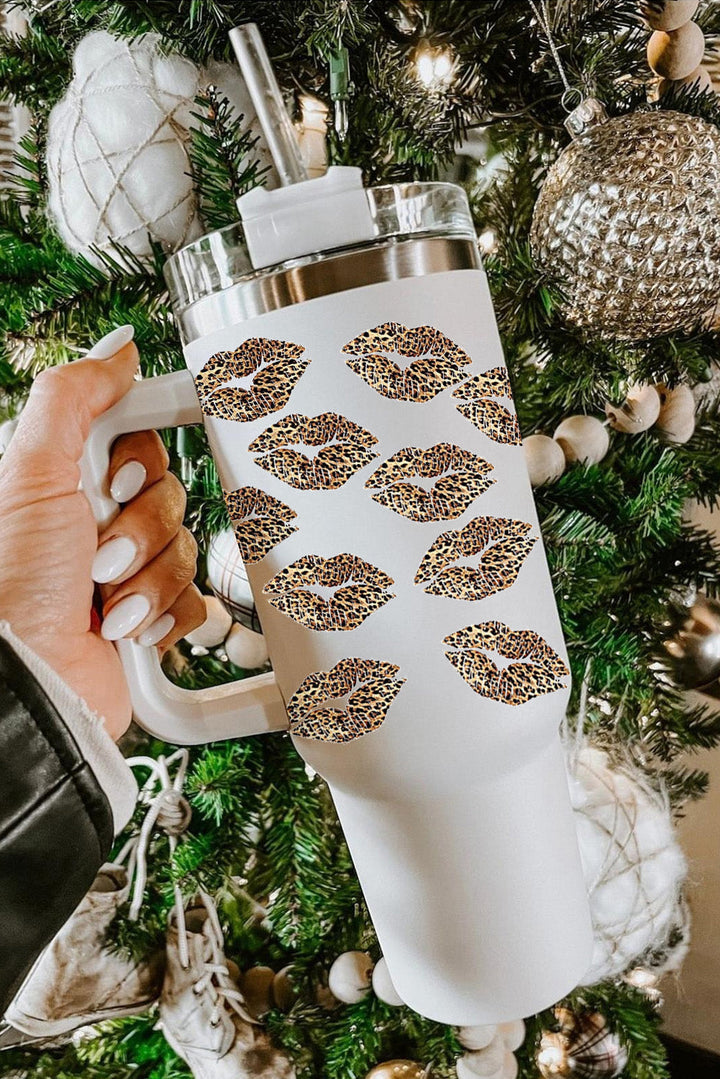 Valentine Leopard Lips Print Thermos Cup with Straw 40oz