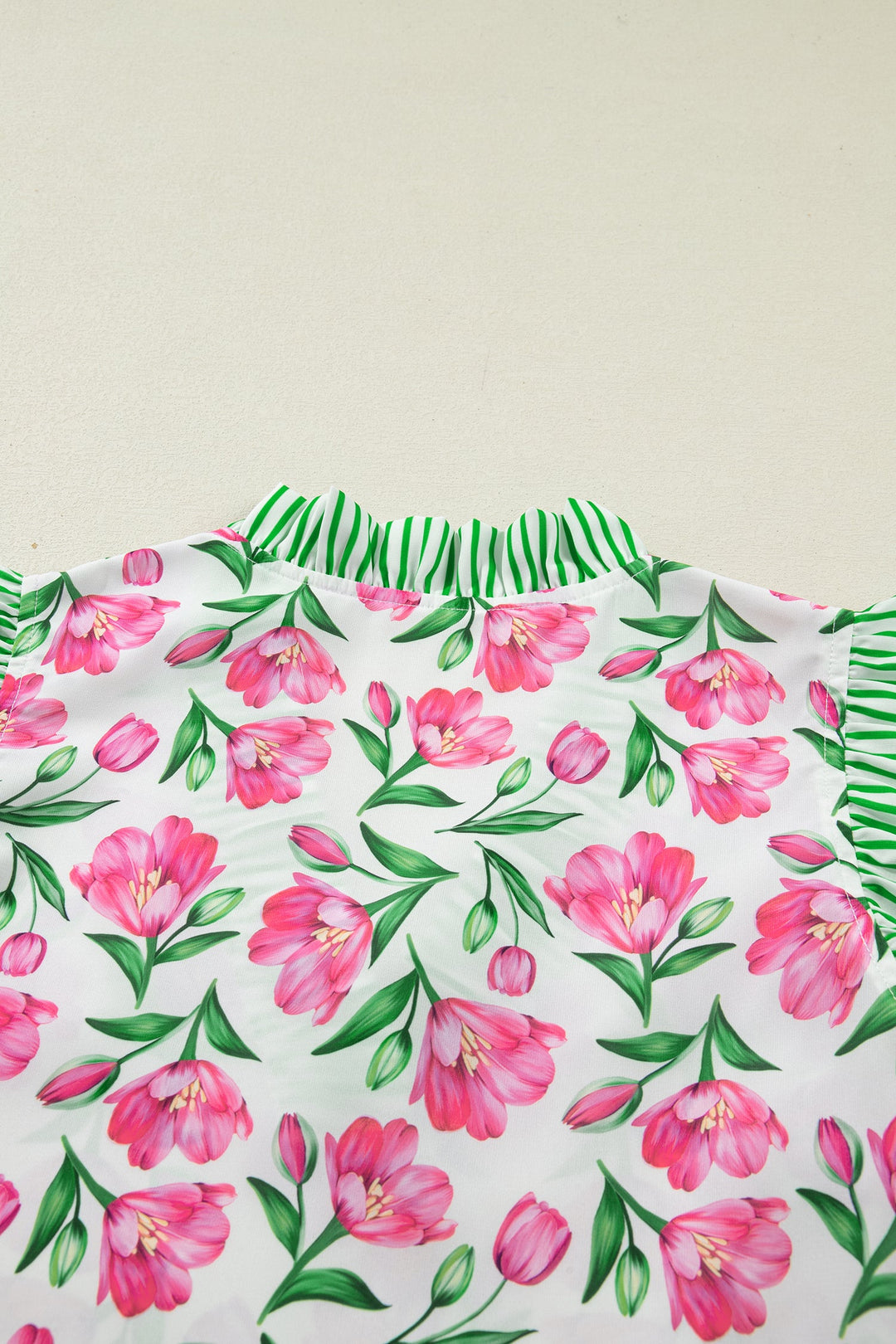 Multicolour Sweet Floral Print Striped Ruffle Trim V Neck Blouse