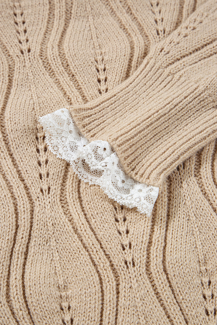 Pearl Beaded Pointelle Knit V Neck Lace Patchwork Sleeve Sweater