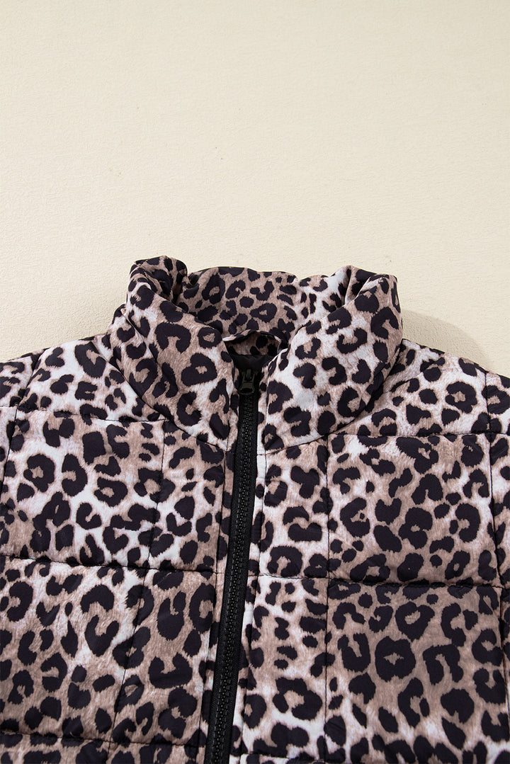 Brown Leopard Quilted Full Zipper Casual Puff Vest