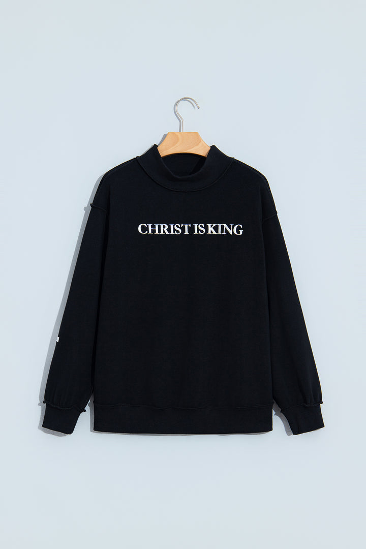 Black CHRIST IS KING Embroidery High Neck Baggy Sweatshirt