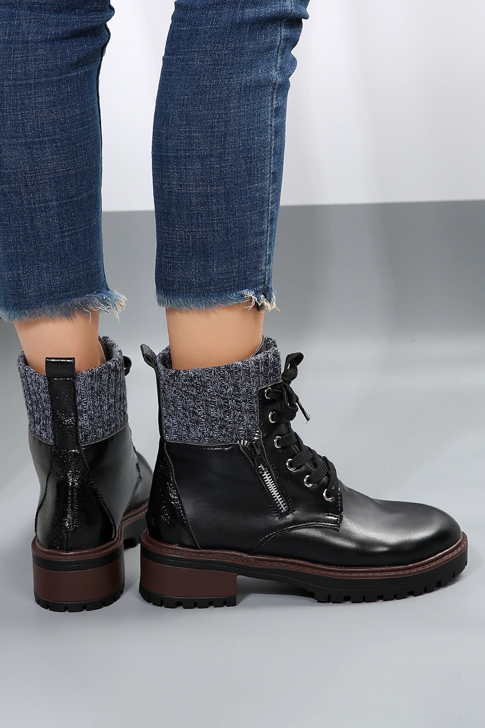 Knitted Patched Lace-up Heeled Ankle Boots