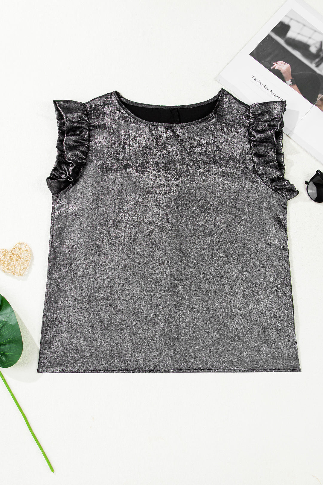 Metallic Round Neck Ruffle Trim Sleeveless Top