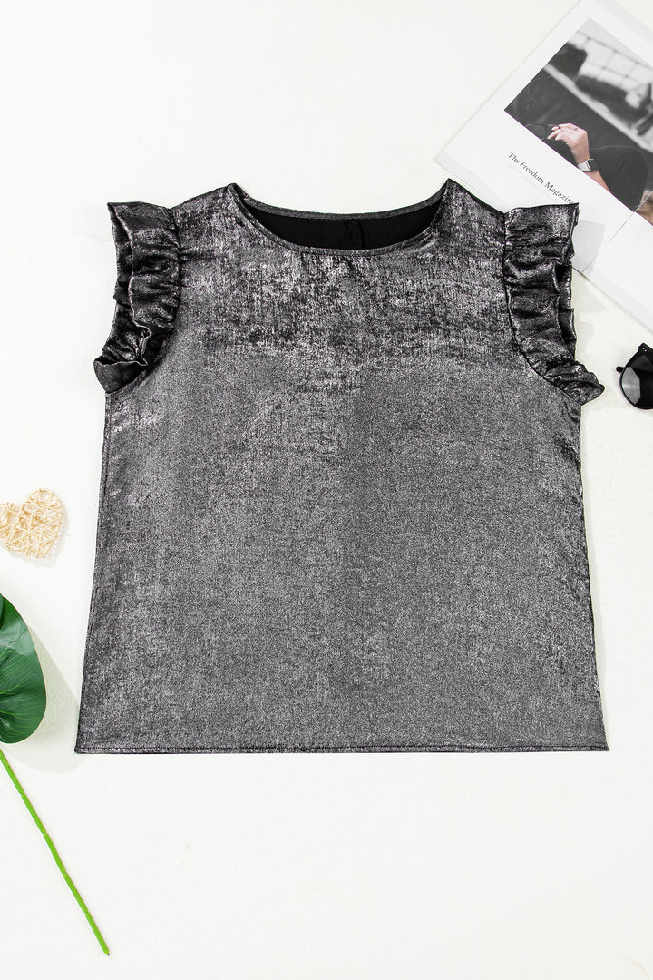 Metallic Round Neck Ruffle Trim Sleeveless Top