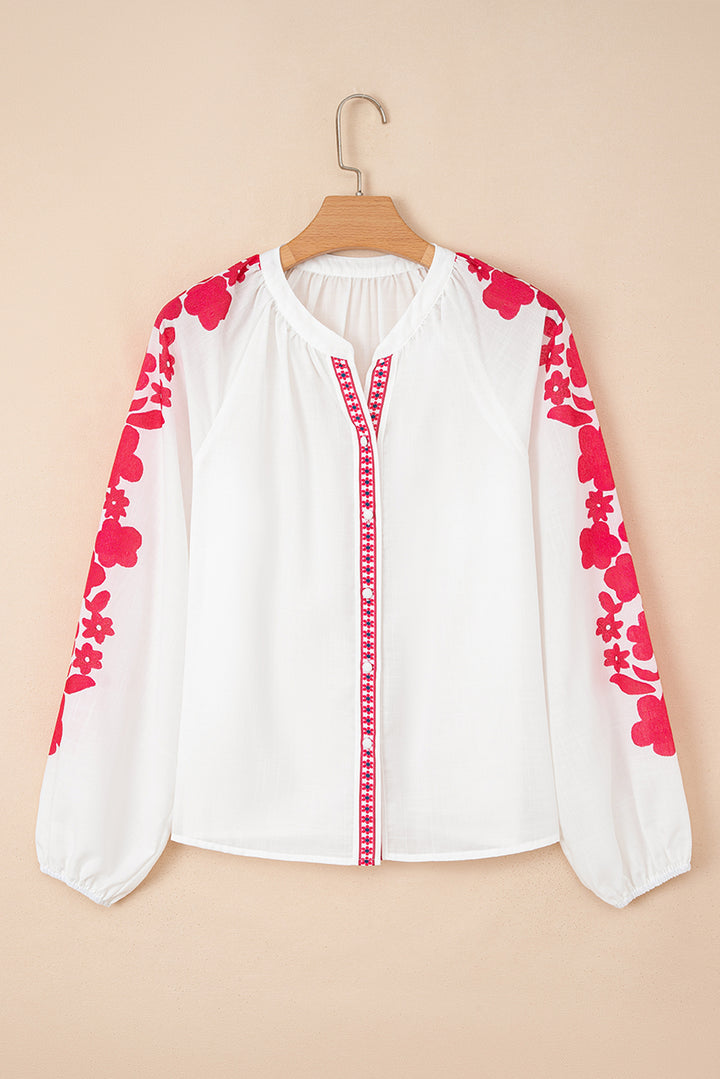 Floral Embroidered Puff Long Sleeve Casual Shirt