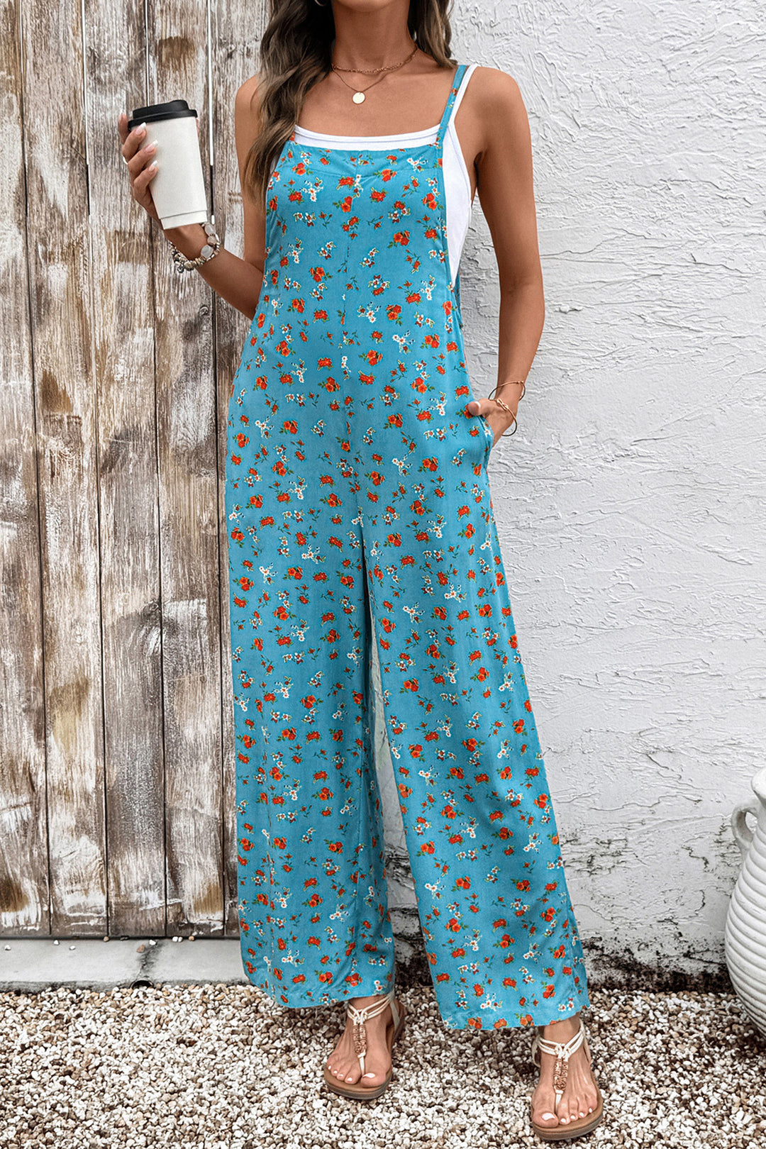 Green Floral Print Spaghetti Straps Loose Pocketed Jumpsuit