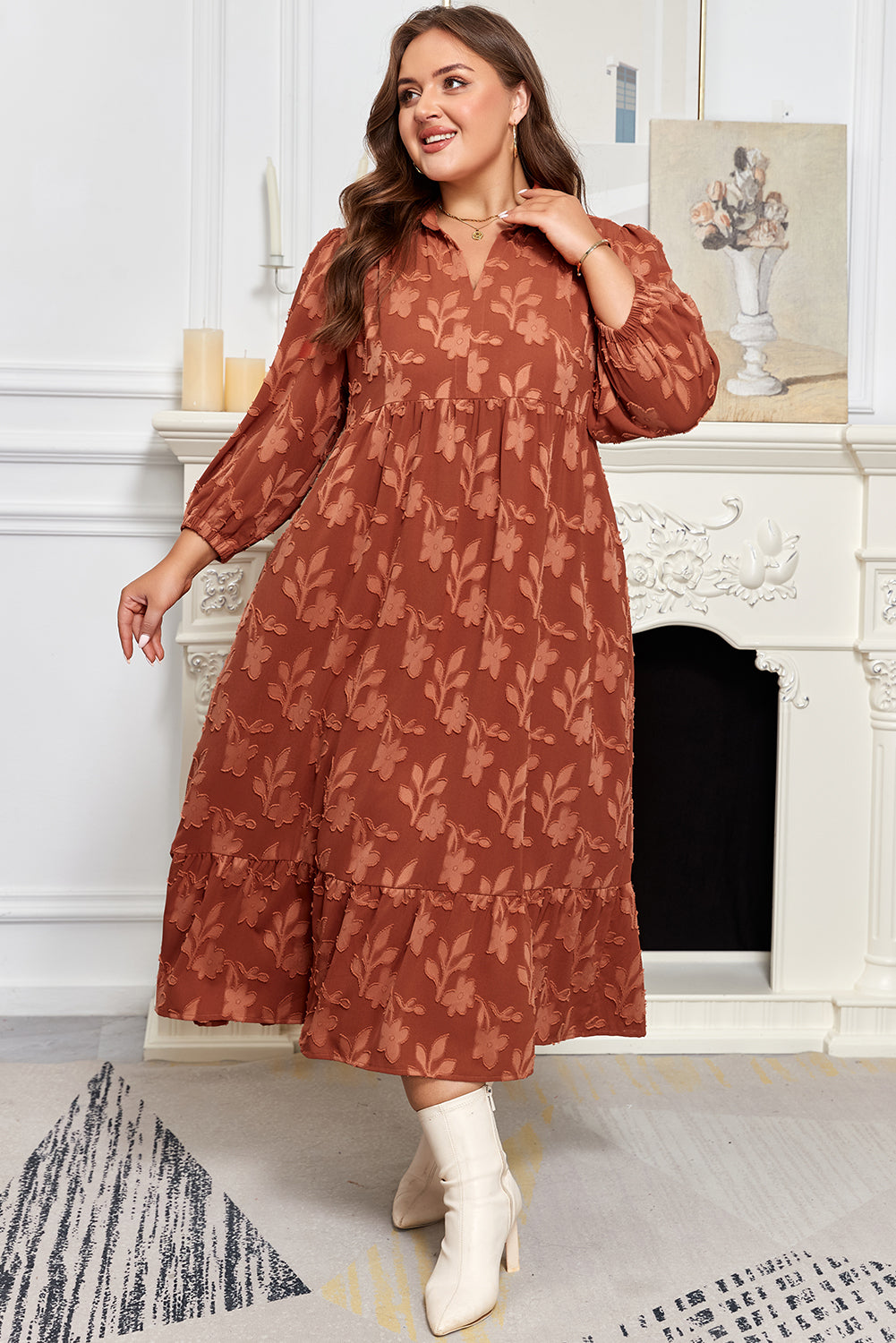 Cinnamon Plus Size Textured 3D Flower Pattern Ruffle Hem Long Dress