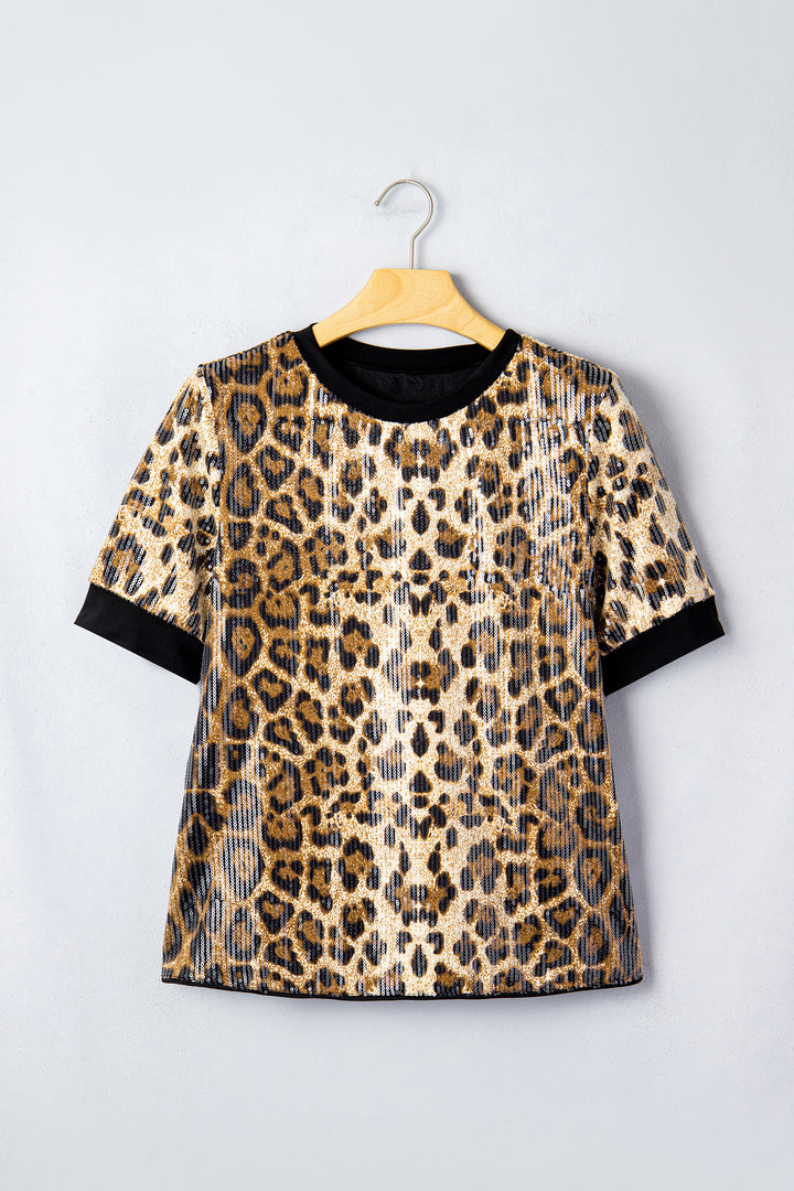 Sequin Leopard Pattern Short Sleeve Top