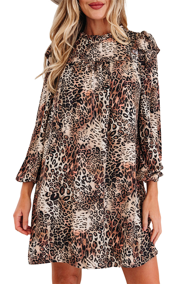 Leopard Ruffled Detail Long Sleeve Loose Mini Dress