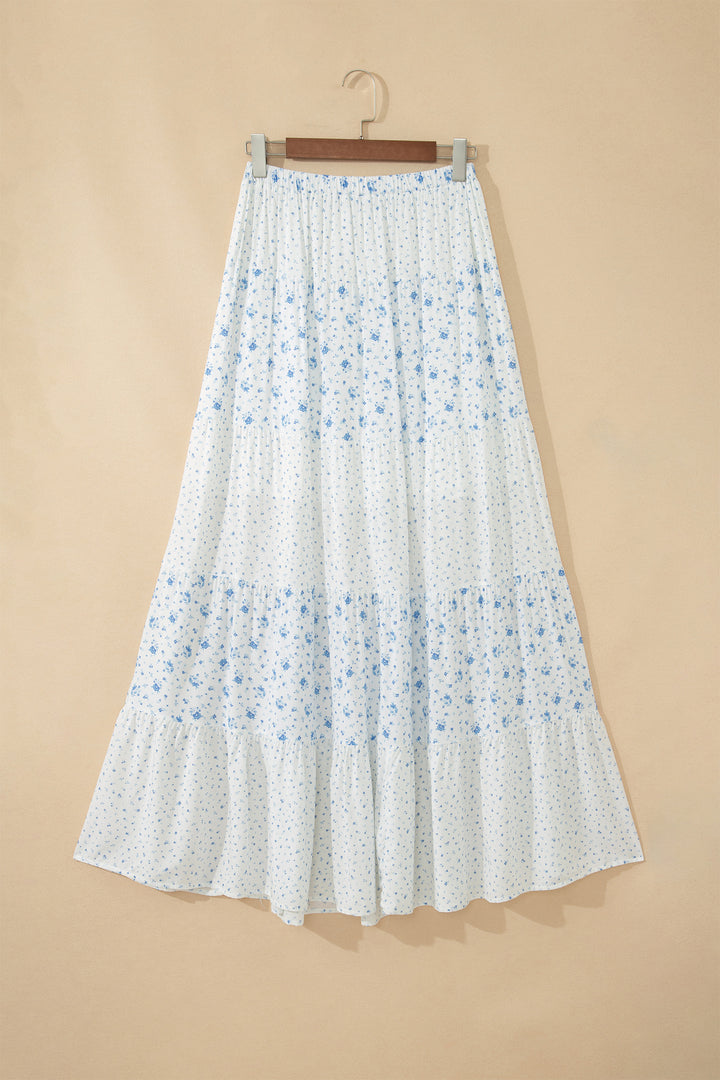 Chic Sky Blue High Waist Tiny Floral Print Boho Maxi Skirt