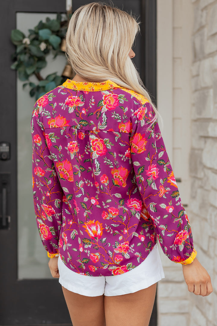 Contrast Placket Split V Neck Floral Blouse