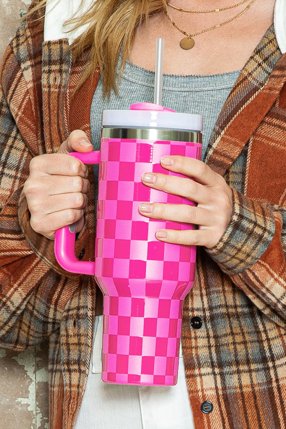 Checkered Print Handled Stainless Steel Tumbler Cup 40oz