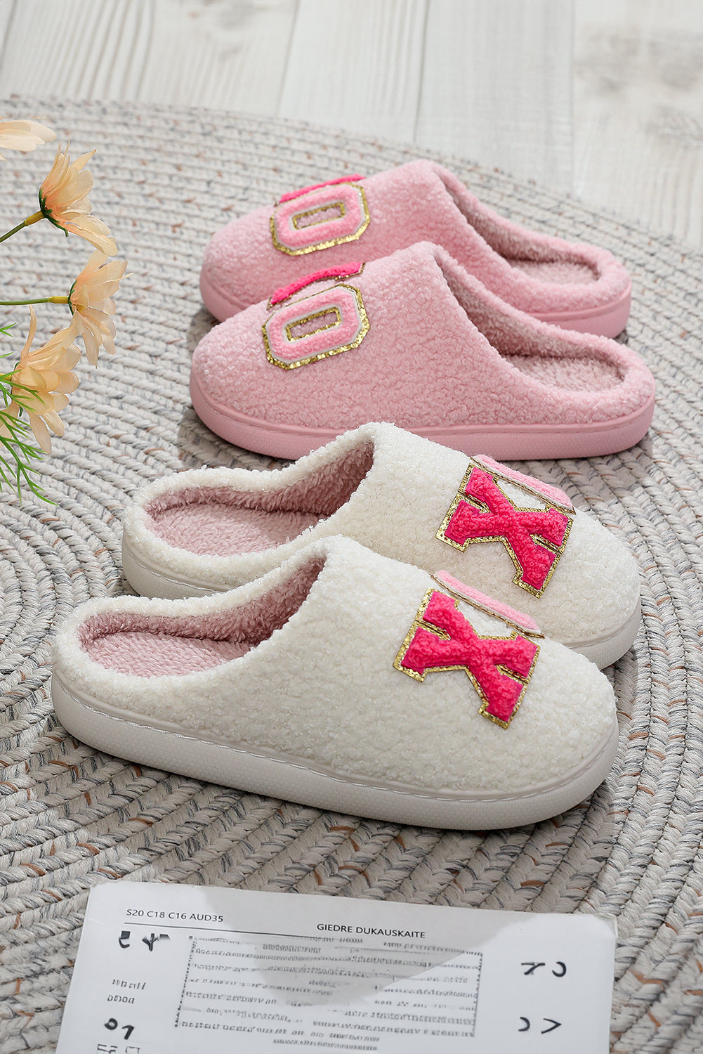 XO XO Glitter Trim Letter Patched Plush House Slippers