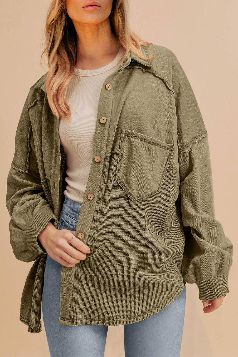 Moss Green Waffle Knit Buttoned Oversized Shacket