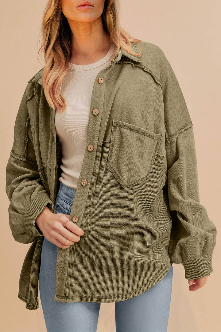 Moss Green Waffle Knit Buttoned Oversized Shacket