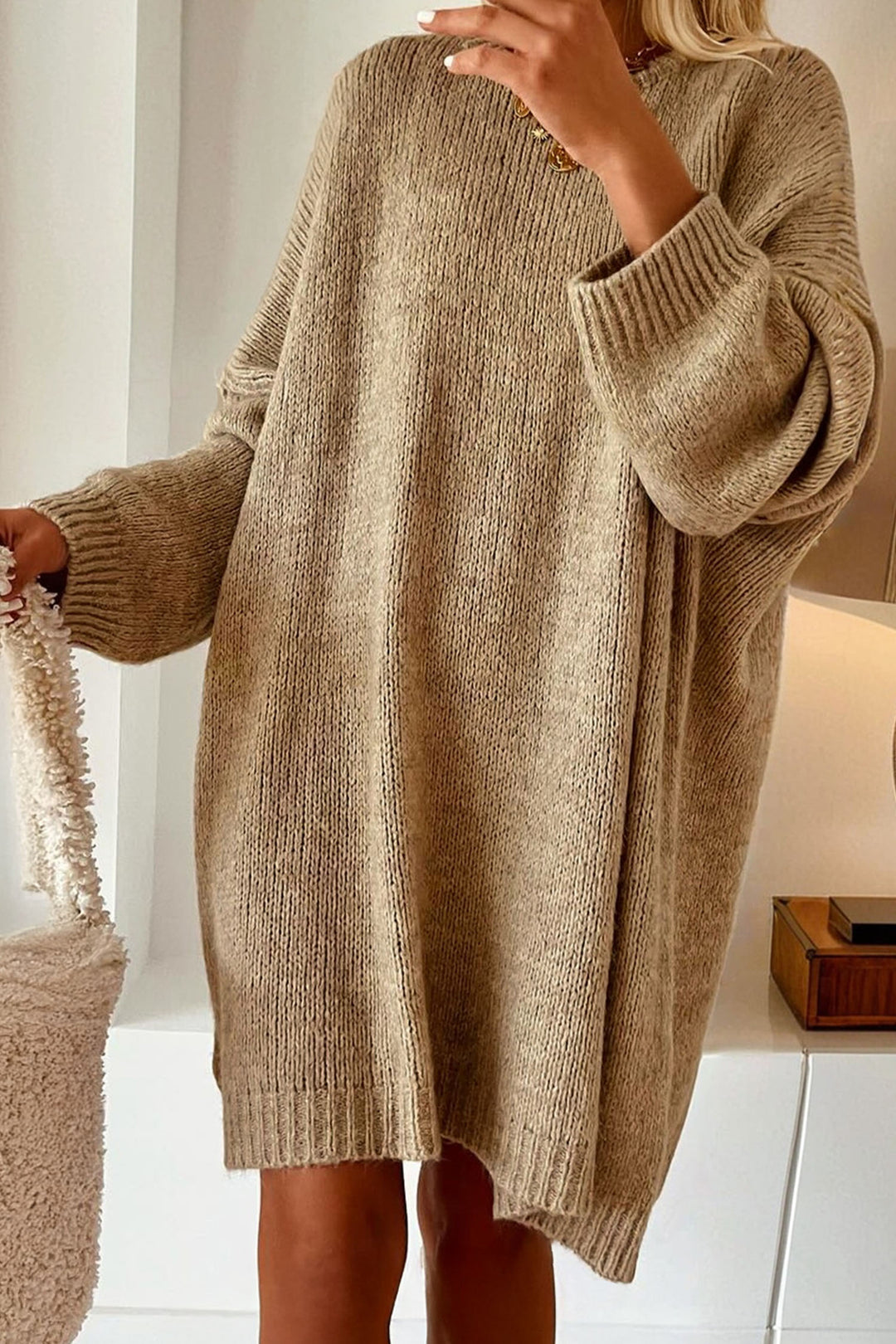 Pale Khaki Exposed Seam Oversize Sweater Mini Dress