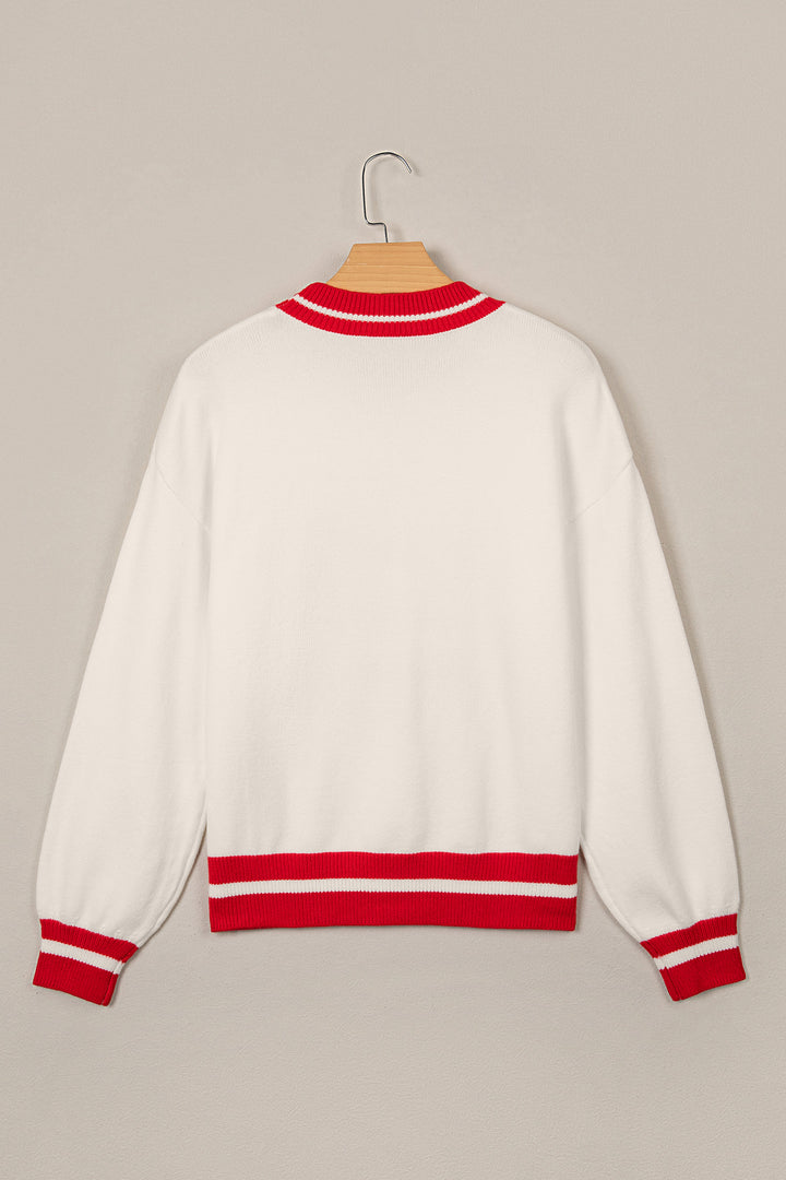 White Christmas Plaid Tree Applique Round Neck Loose Sweater