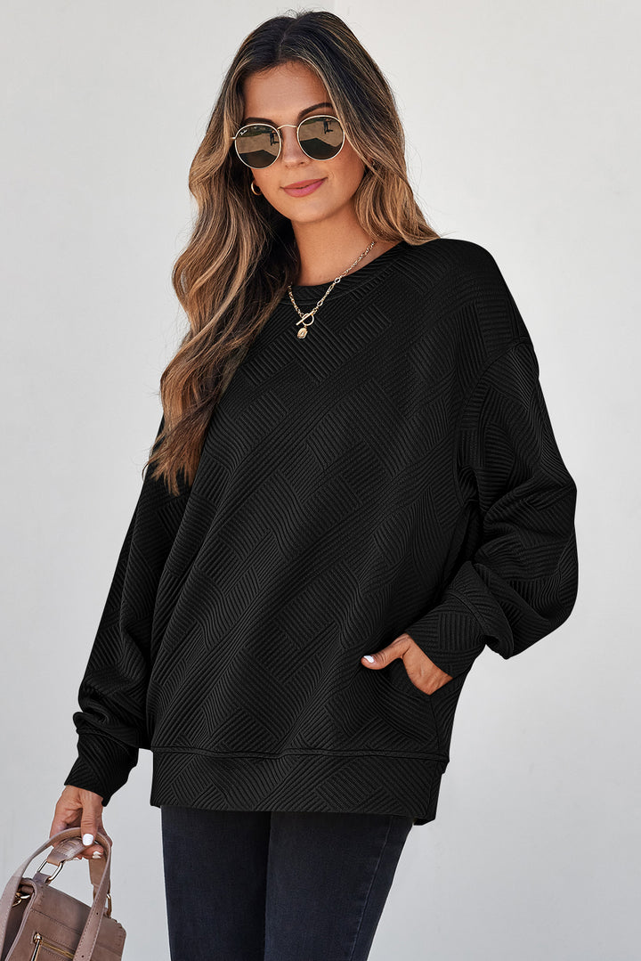 Black Solid Color Textured Round Neck Pullover Sweatshirt