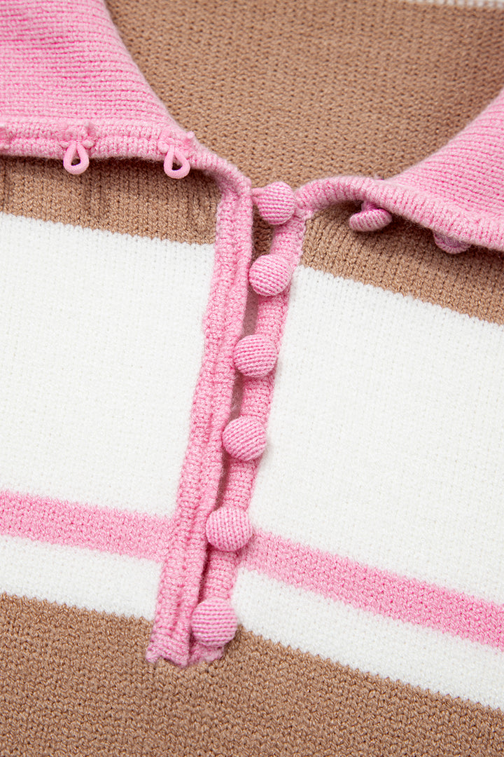 Pink Stripe Striped Colorblock V Neck Long Sleeve Tunic Sweater