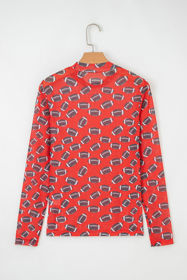 Red Rugby Game Day Sheer Mesh Long Sleeve Top