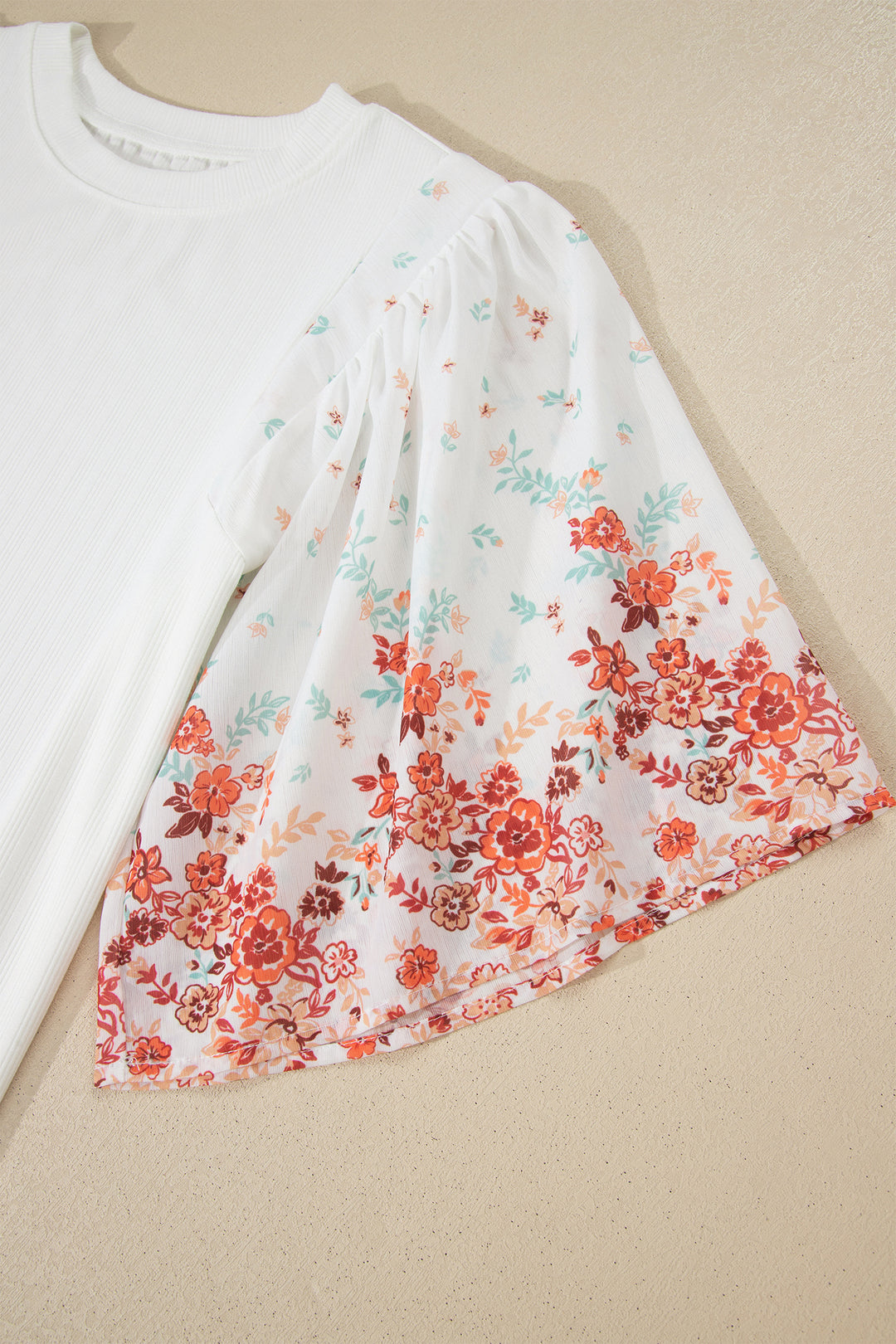 White Ribbed Texture Floral Print Half Sleeve Patchwork Top