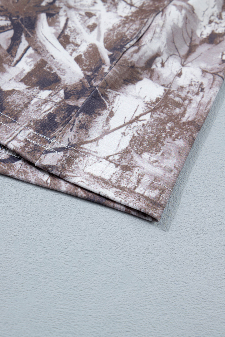 Casual Khaki Camouflage Woodland Print Drop Shoulder Tunic Tee