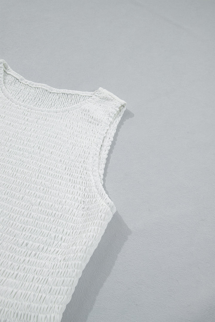 Chic White Sleeveless Smocked Lace Peplum Top