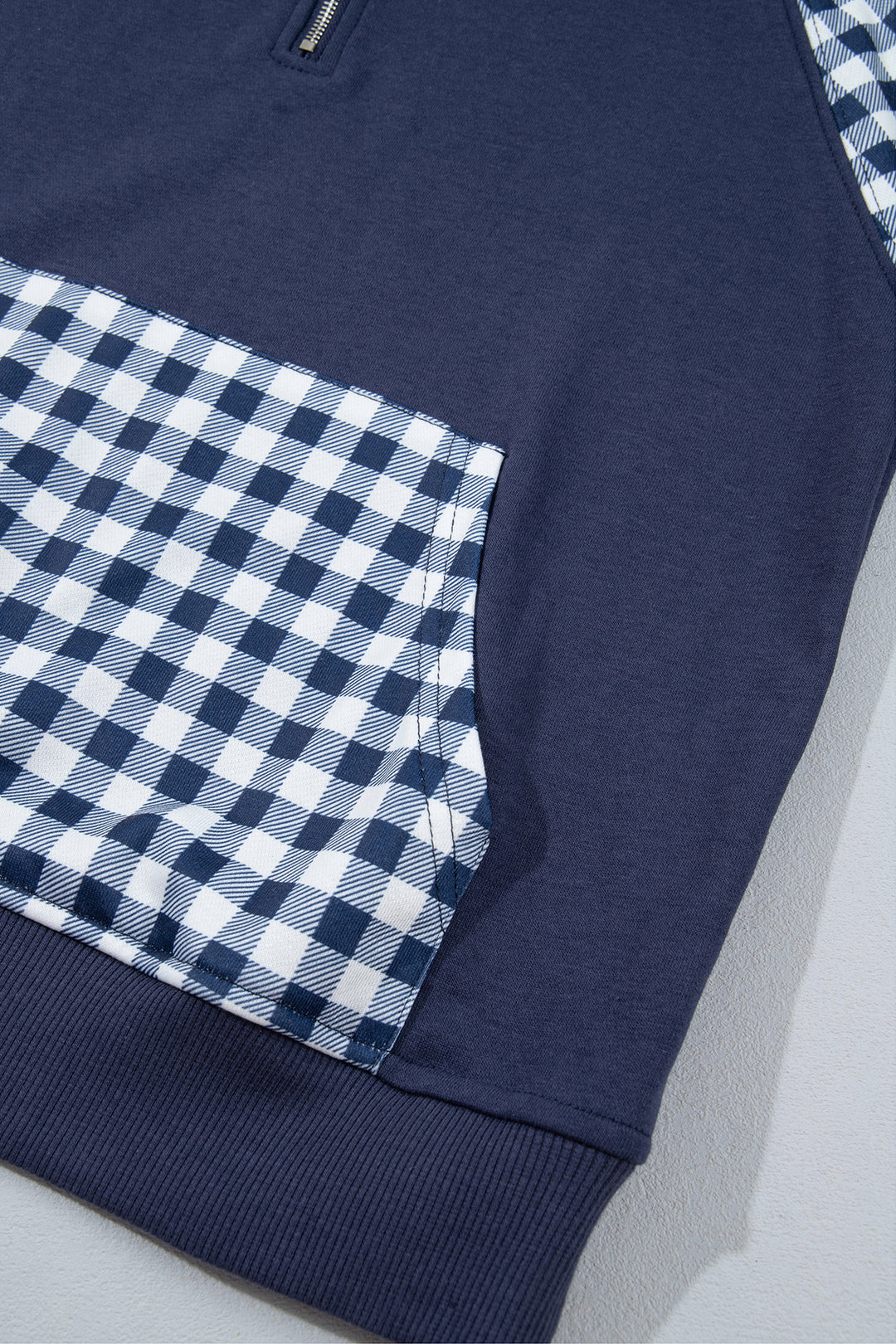 Navy Blue Patchwork Plaid Pocket Quarter Zip Sweatshirt