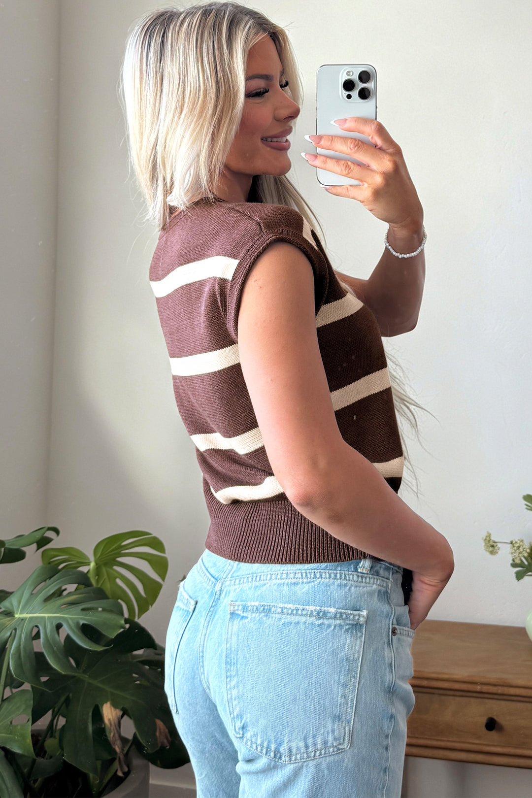 Brown Stripe Knit Western Short Sleeve Sweater