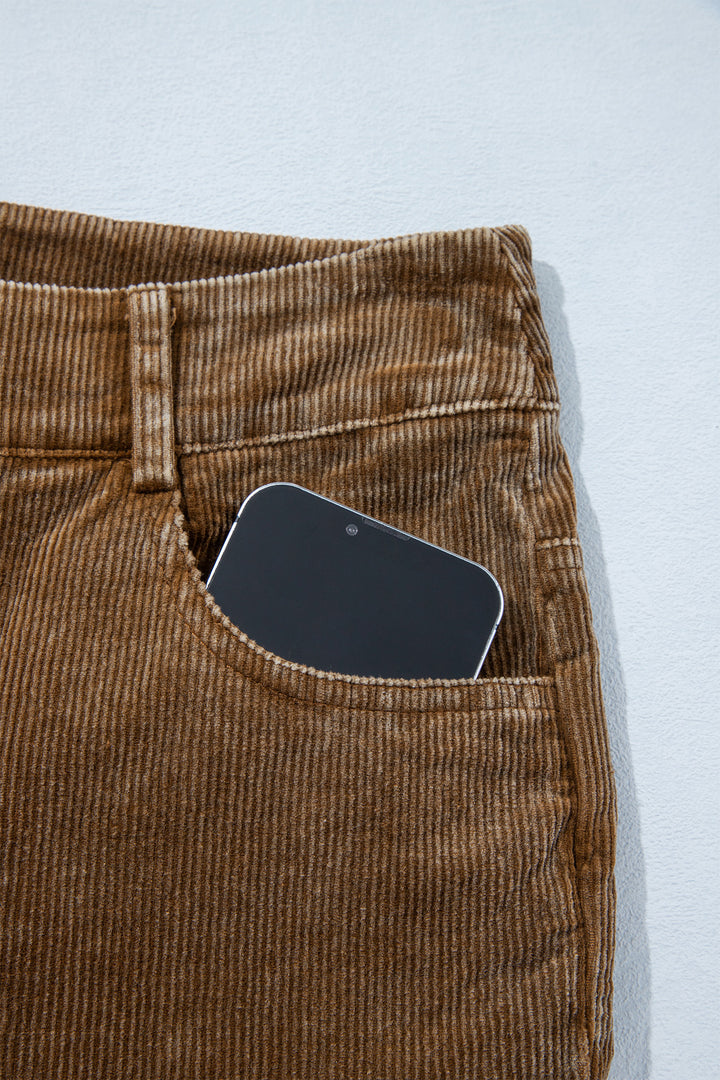 Camel Straight Leg Corduroy Metal Button Zip-up Pants