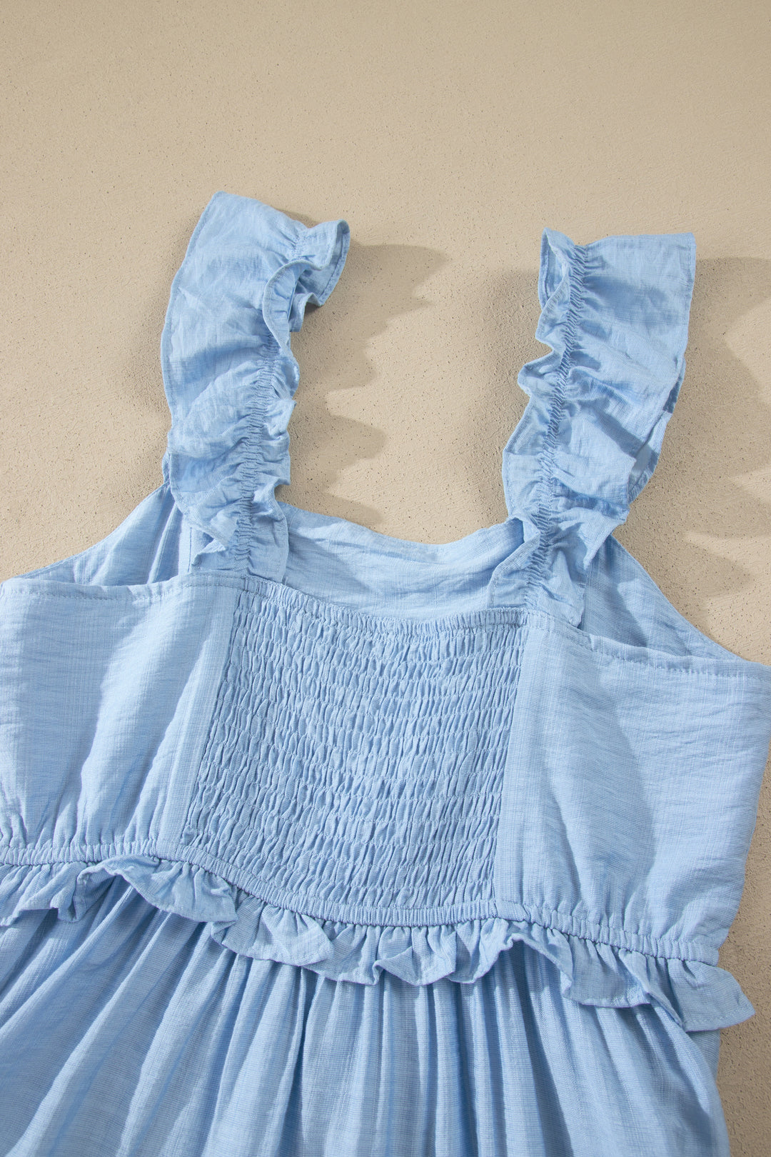 Beau Blue Solid Color Ruffle Trim High Waist Sleeveless Maxi Dress