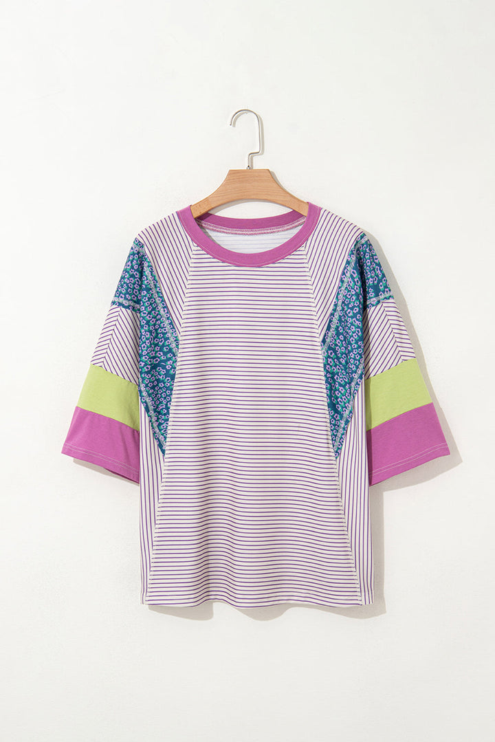 floral color block raw edge patchwork bracelet sleeve blouse