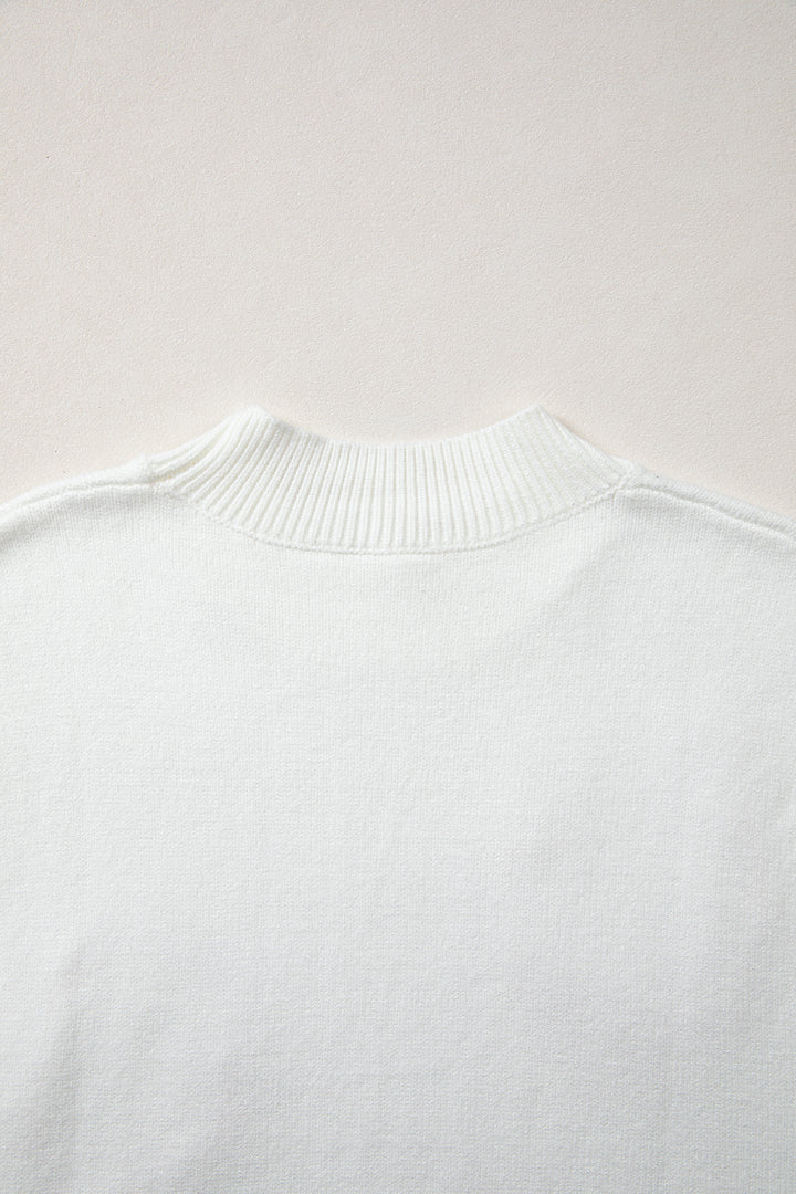 White Corded Horseshoes Ribbed Trim Mock Neck Short Sleeve Sweater