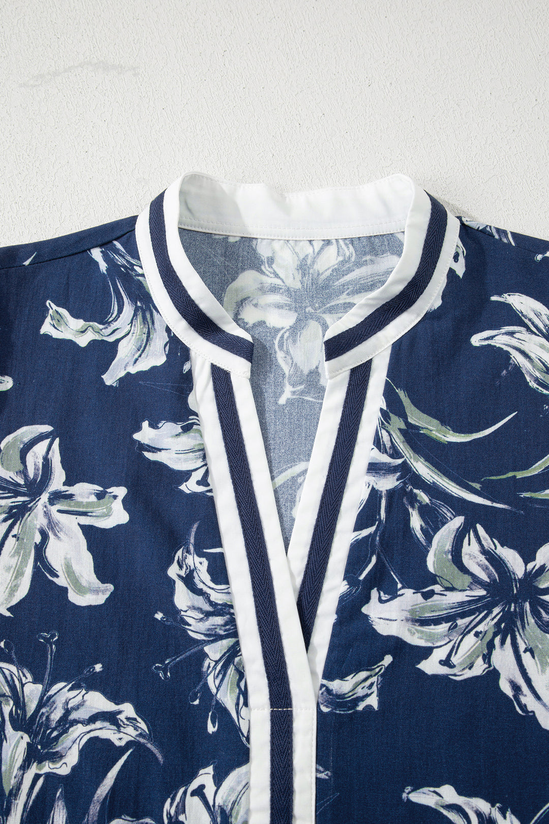 Floral Print Short Puff Sleeve Striped Trim V Neck Blouse