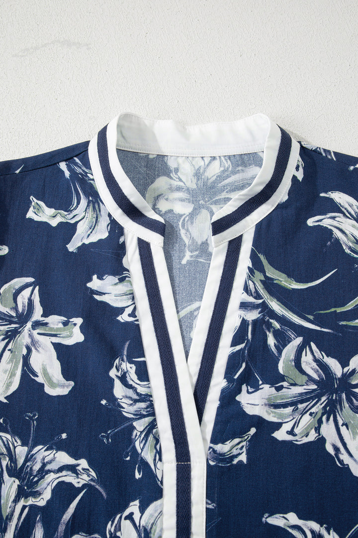 Floral Print Short Puff Sleeve Striped Trim V Neck Blouse