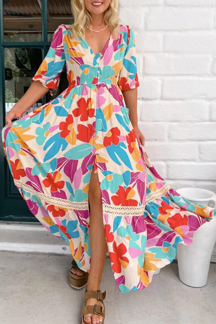 Floral Knot Puff Sleeve V Neck Buttoned Front Split Lace Maxi Dress