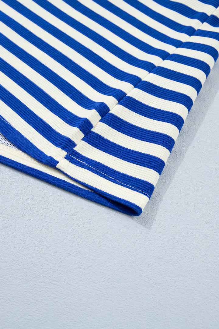 Blue Stripe Contrast Trim Polo Collar Ruffled Short Sleeve Blouse